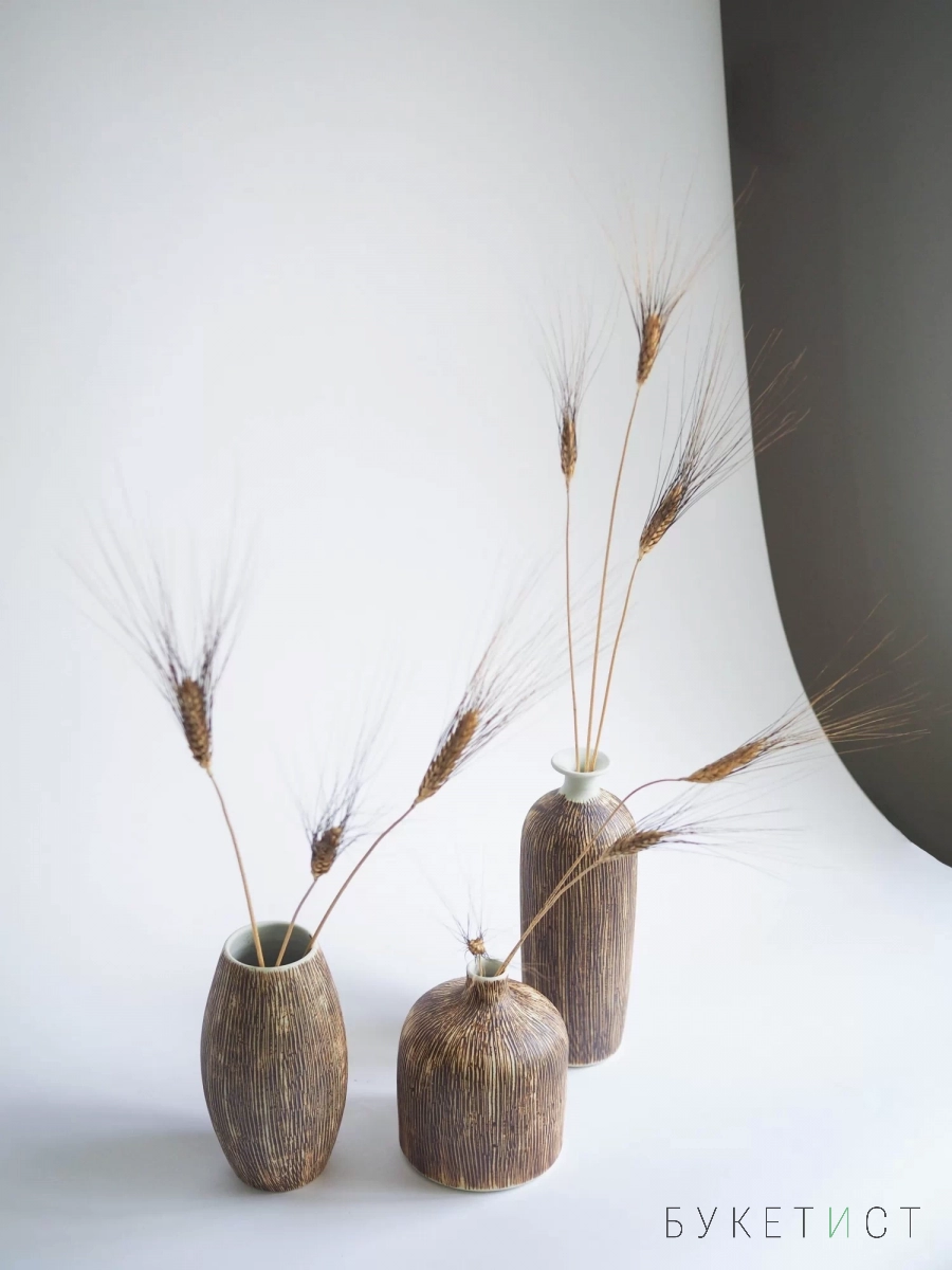 Интерьерный сэт из керамических ваз с колосками черной пшеницы