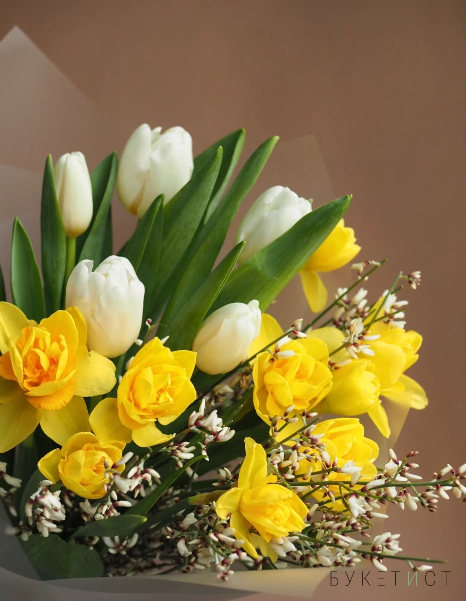 Весенний букет нарциссов и тюльпанов от 5 шт