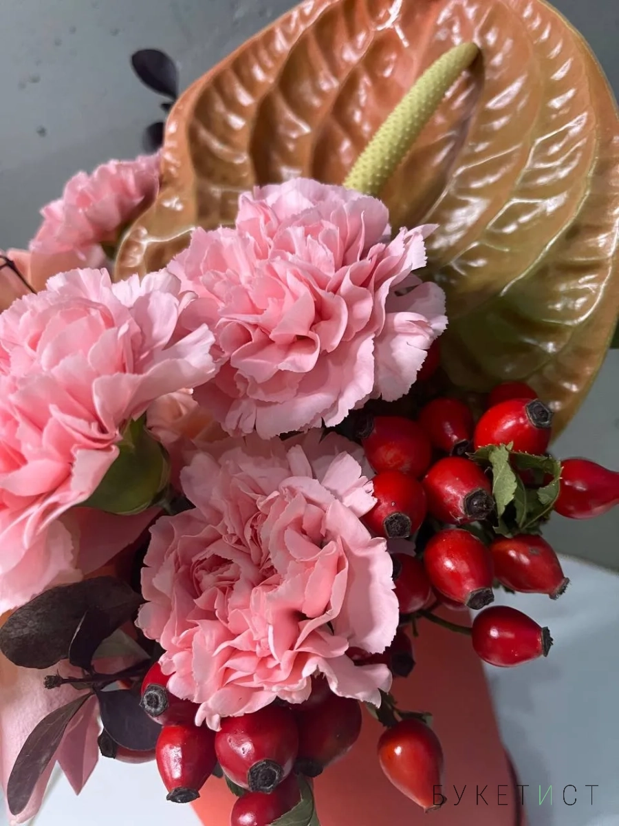 Яркая композиция в коробке с кустовыми диантусами и ягодами шиповника Яркая композиция в коробке с кустовыми диантусами и ягодами шиповника