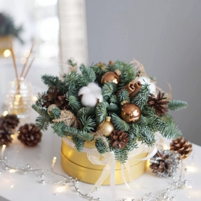 Композиция из живой ели с шишками и хлопком в золотой коробочке