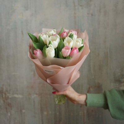 Букет тюльпанов нежных белых и розовых оттенков, 15 стеблей
