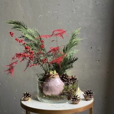 Новогодняя композиция с зимними ветками и луковицей амариллиса