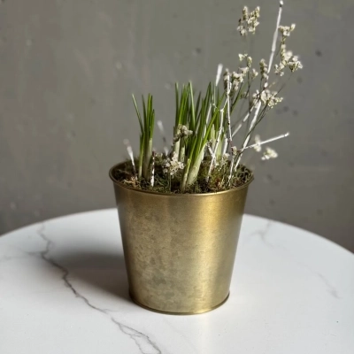 Луковичная композиция с крокусами и веточками лимониума