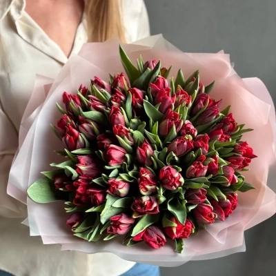 Букет красных пионовидных тюльпанов  Рэд Принцесс