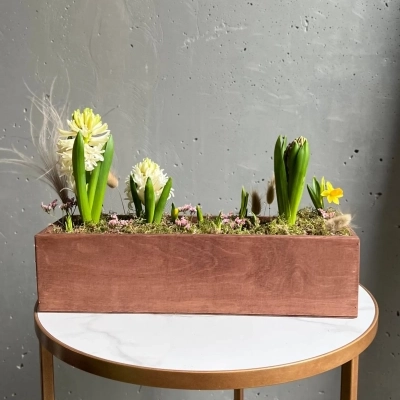 Деревянное кашпо с гиацинтами и нарциссами