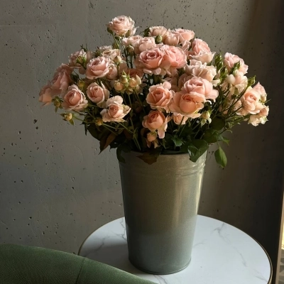 Охапка персиковых кустовых роз в ведре Охапка персиковых кустовых роз в ведре