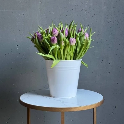 Охапка фиолетовых тюльпанов сорта Дабл Прайс в ведре