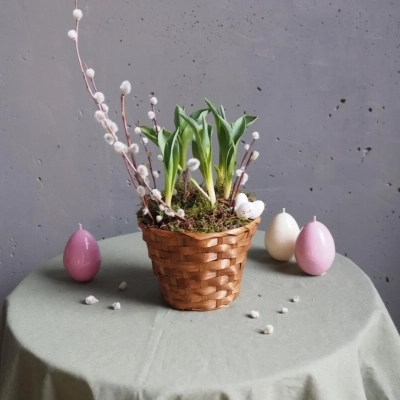 Плетёная корзиночка с тюльпанами