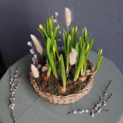 Плетёная корзина к Пасхе с нарциссами и вербой