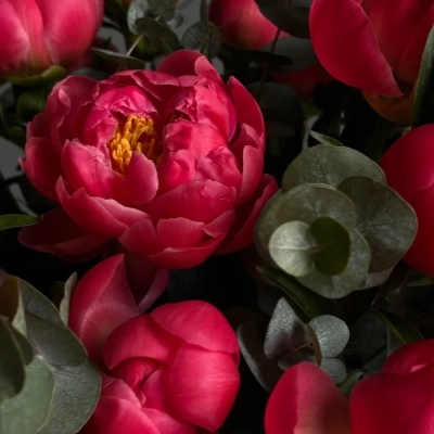 Сочная композиция в шляпной коробке с пионами